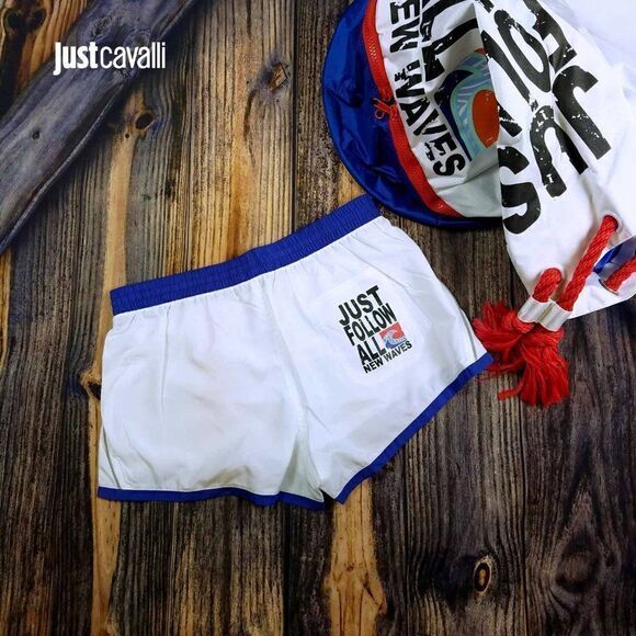 New Just Cavalli Men XS / 46 White Blue Short Swim Trunks Light Beach Swimsuit - Picture 2 of 8